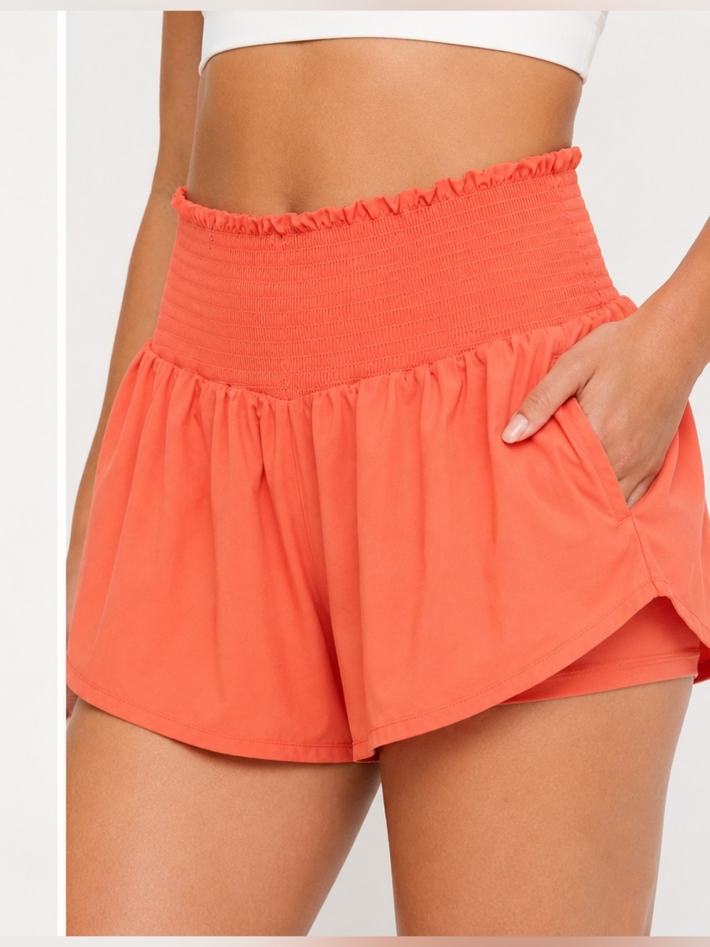 OFFLINE by Aerie Coral Smocked High Waisted Flowy Athletic Shorts L